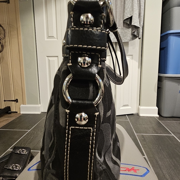 COACH Zoe Signature Black Canvas Hobo Shoulder Bag with Black Leather Trim - Picture 6 of 16